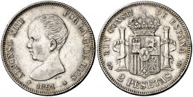 1891*1891. Alfonso XIII. PGM. 2 pesetas. (Cal. 31). 10 g. Muy escasa. MBC+.