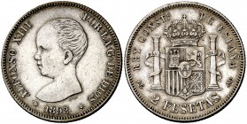1892*1892. Alfonso XIII. PGM. 2 pesetas. (Cal. 32). 10,01 g. MBC+.