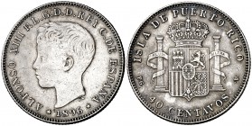 1896. Alfonso XIII. Puerto Rico. PGV. 40 centavos. (Cal. 83). 9,95 g. Escasa. MBC/MBC+.