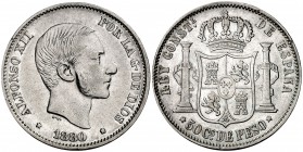 1880. Alfonso XII. Manila. 50 centavos. (Cal. 78). 12,93 g. Limpiada. Rara. MBC.