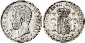 1871*1873. Amadeo I. DEM. 5 pesetas. (Cal. 9). 24,92 g. Rara. MBC.