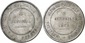 1873. Revolución Cantonal. Cartagena. 5 pesetas. (Cal. 5). 29,27 g. Reverso coincidente. 80 perlas en anverso y 85 en reverso. MBC+.