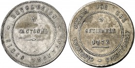 1873. Revolución cantonal. Cartagena. 5 pesetas. (Cal. 6). 29,01 g. Reverso no coincidente. 86 perlas en anverso y 90 en reverso. Golpecitos. MBC+.