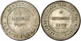 1873. Revolución Cantonal. Cartagena. 5 pesetas. (Cal. 6). 26,70 g. Reverso no coincidente. 87 perlas en anverso y 89 en reverso. Leves marquitas. Bue...