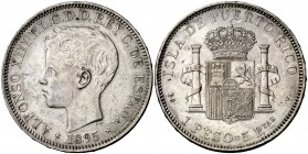 1895. Alfonso XIII. Puerto Rico. PGV. 1 peso. (Cal. 82). 24,95 g. Rara. MBC+/EBC-.