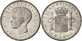1897. Alfonso XIII. Manila. SGV. 1 peso. (Cal. 81). 24,95 g. Bella. Escasa así. EBC+.