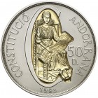 1994. Andorra. 50 diners. (Kr. 104). 159 g. AG/AU. Aniversario de la Constitución. En estuche oficial con certificado. S/C.