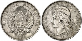 1882. Argentina. 1 peso. (Kr. 29). 24,96 g. AG. Leve rayita en anverso. (EBC-).