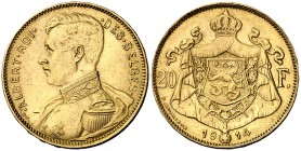 1914. Bélgica. Alberto. 20 francos. (Fr. 421) (Kr. 78). 6,45 g. AU. Escasa. EBC-.