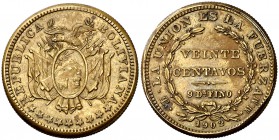 1902. Bolivia. MM. 20 centavos. (Kr. Pn54). 5,15 g. Latón. Prueba. Rara. MBC+.