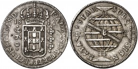 1814. Brasil. Juan. B (Bahía). 960 reis. (Kr. 307.3). 26,67 g. AG. Acuñada sobre un real de a ocho español de Lima IJ 18(...). MBC+.