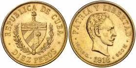 1916. Cuba. 10 pesos. (Fr. 3) (Kr. 20). 16,72 g. AU. EBC-.