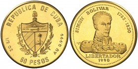 1990. Cuba. 50 pesos. (Fr. 44) (Kr. 281). 15,51 g. AU. Simón Bolivar. Acuñación de 50 ejemplares. Muy rara. Proof.