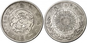 Año 3 (1870). Japón. Mutsuhito. 1 yen. (Kr. 5.1). 26,63 g. AG. Tipo I. Rara. MBC-.