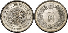 Año 36 (1903). Japón. Mutsuhito. 1 yen. (Kr. A25.3). 26,90 g. AG. Bella. Escasa así. EBC+.