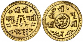 SE 1833 (1911). Nepal. Prithri Bir Bikram. 1/4 mohar. (Fr. 19) (Kr. 671.2). 1,38 g. AU. Bella. Brillo original. Escasa así. EBC+.