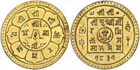 SE 1831 (1909). Nepal. Prithri Bir Bikram. 1 mohar. (Fr. 17) (Kr. 673.2). 5,57 g. AU. Bella. Brillo original. Rara y más así. EBC+.