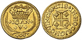 1718. Portugal. Juan V. 400 reis. (Fr. 100) (Kr. 201). 1,09 g. AU. Bella. Escasa así. EBC.