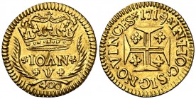 1719. Portugal. Juan V. 400 reis. (Fr. 100) (Kr. 201). 1,09 g. AU. El 9 de la fecha rectificado. Bella. Escasa así. EBC.