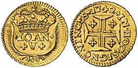 1742. Portugal. Juan V. 400 reis. (Fr. 100) (Kr. 201). 1,07 g. AU. Bella. Escasa así. EBC.
