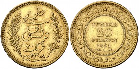 AH 1308/1891. Túnez. A (París). 20 francos. (Fr. 12) (Kr. 227). 6,43 g. AU. MBC+.