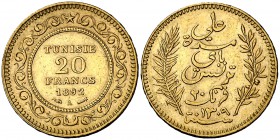 AH 1309/1892. Túnez. A (París). 20 Francos. (Fr. 12) (Kr. 227). 6,44 g. AU. MBC+.