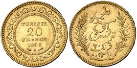AH 1310/1893. Túnez. A (París). 20 francos. (Fr. 12) (Kr. 227). 6,45 g. AU. MBC+.