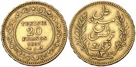 AH 1315/1897. Túnez. A (París). 20 francos. (Fr. 12) (Kr. 227). 6,44 g. AU. MBC+.