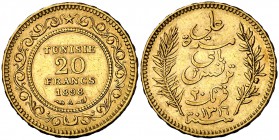 AH 1316/1898. Túnez. A (París). 20 francos. (Fr. 12) (Kr. 227). 6,44 g. AU. MBC+.