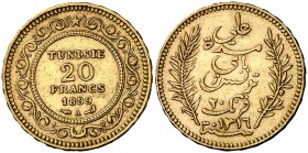 AH 1316/1898. Túnez. A (París). 20 francos. (Fr. 12) (Kr. 227). 6,45 g. AU. MBC+.