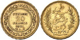 AH 1319/1901. Túnez. A (París). 20 francos. (Fr. 12) (Kr. 227). 6,44 g. AU. MBC+.