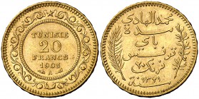 AH 1321/1903. Túnez. A (París). 20 francos. (Fr. 12) (Kr. 234). 6,45 g. AU. EBC-.