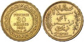 AH 1322/1904. Túnez. A (París). 20 francos. (Fr. 12) (Kr. 234). 6,45 g. AU. MBC+.