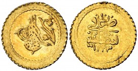 Año 10 (1817). Turquía. Mahmud II. Constantinopla. 1/4 zeri Mahbub. (Fr. 88) (Kr. 608). 0,83 g. AU. Acuñación algo floja. EBC.