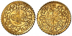 Año 17 (1824). Turquía. Mahmud II. Constantinopla. 1/4 adli nuevo. (Fr. 100) (Kr. 633). 0,46 g. AU. S/C-.