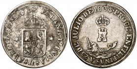 1834. Isabel II. Manila. Medalla de Proclamación. Módulo 2 reales. (Ha. 62). 4,60 g. Manchitas. Escasa. MBC-.
