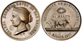1857. Isabel II. Premio de la Exposición de Agricultura. Medalla. (Ruiz Trapero 686). 115,19 g. 59 mm. Bronce. Grabador: Louís Charles Bonnet. EBC.