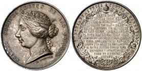 1859. Isabel II. Medalla. (V. 415) (V.Q. 14344). 86,70 g. 57 mm. Metal blanco. Firmado: A. Gerbier-Massonnet. EBC.