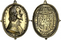 Inglaterra. Carlos I. Medalla realista, por Thomas Rawlins. (Eimer 167). 9,80 g. 44x33 mm. Plata dorada. Rara. EBC.
