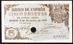1936. Burgos. 5 pesetas. (Ed. D18na var). 21 de noviembre. Con taladro y número, sin serie. Dos puntos de aguja. S/C-.