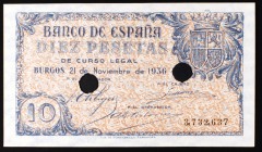 1936. Burgos. 10 pesetas. (Ed. D19 var). 21 de noviembre. Inutilizado con 2 taladros. Dos puntos de aguja. Raro. S/C-.