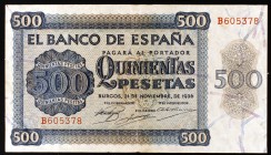 1936. Burgos. 500 pesetas. (Ed. D23a). 21 de noviembre. Serie B. Raro. MBC.