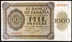 1936. Burgos. 1000 pesetas. (Ed. D24). 21 de noviembre. Serie A. Raro. MBC.