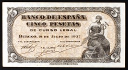 1937. Burgos. 5 pesetas. (Ed. D25a). 18 de julio. Serie A. Escaso. EBC+.