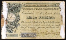 1908. Ciudadela (Baleares). Fomento industrial y Agrícola de Menorca. 5 pesetas. 17 de agosto. Con restos de papel adherido. Rarísimo. (BC+).