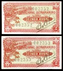 s/d (1944). Macao. Banco Nacional Ultramarino. 5 avos. (Pick 18). Pareja correlativa. Raros. EBC-/S/C-.