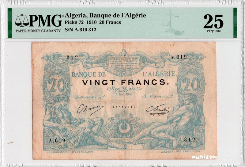 Algeria, 20 francs Bleu Type 1873 , P.72, #MK8b, #B118b, A.619 312, 7-5-1910, Le...