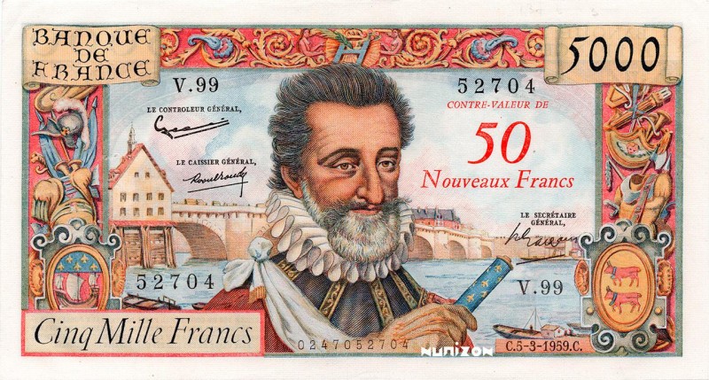France, 50 NF/5000 francs Type 1957, P.139b, F.54.02, V.99 52704, 5-3-1959, 7 tr...