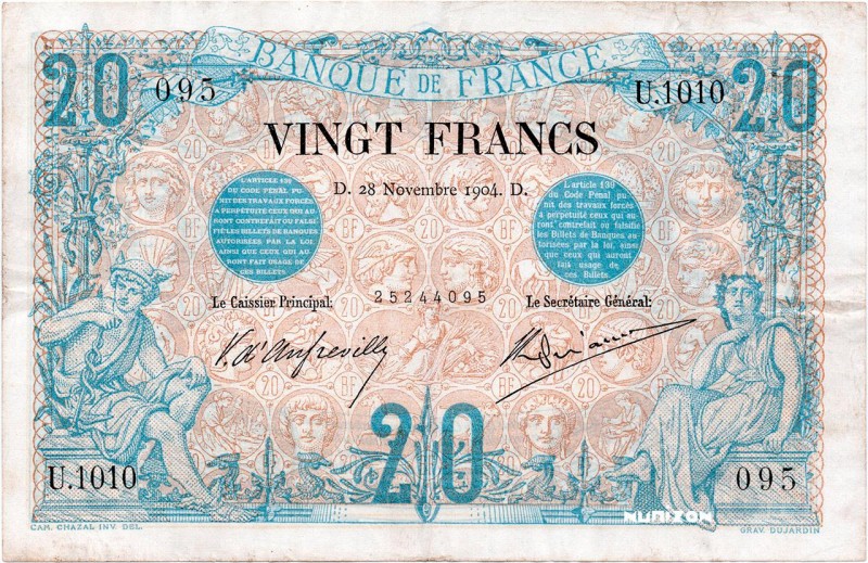 France, 20 francs Type 1873 Bleu et bistre, P.61b, F.09.03, U.1010 095, 28NOVEMB...