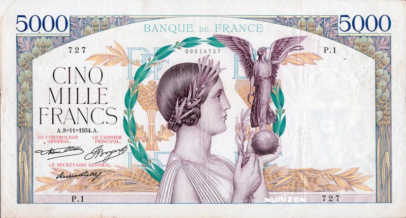 France, 5000 francs Type 1934 Victoire, P.82a, F.44.01, P.1 727, 8-11-1934, Prem...